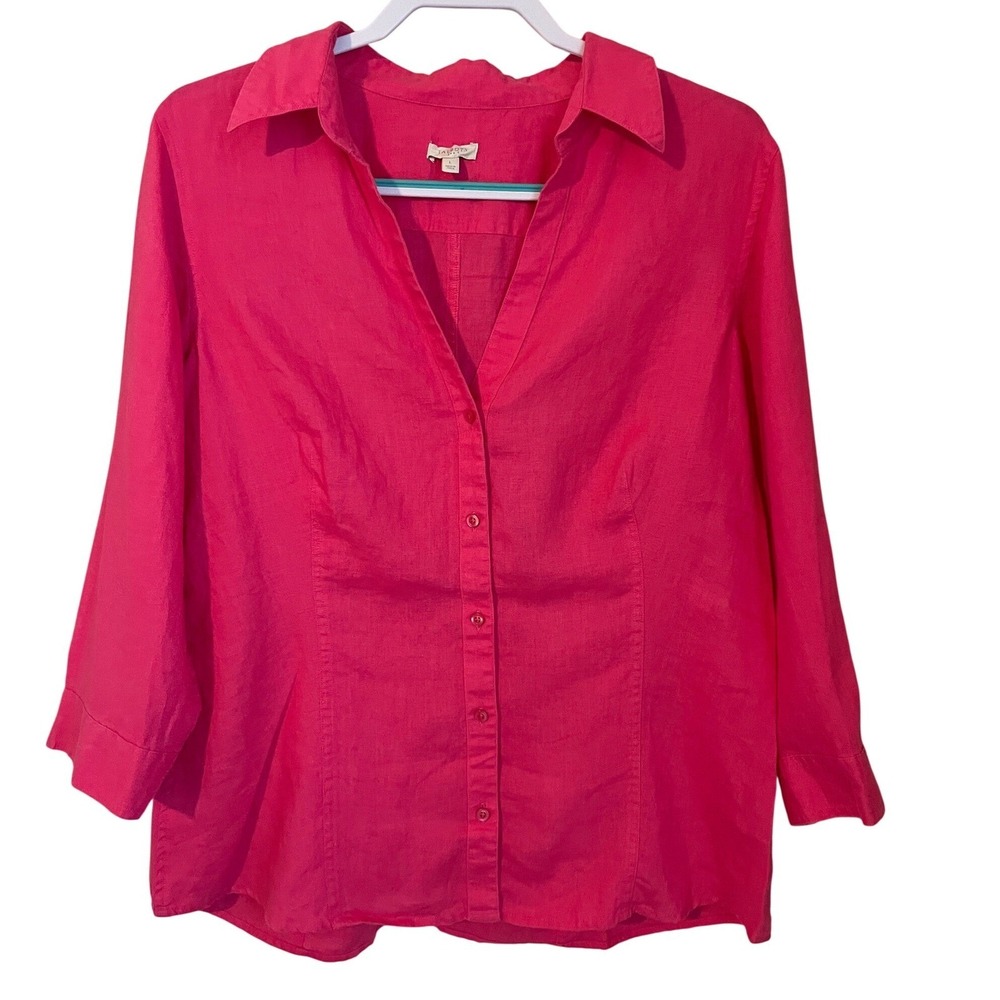 Talbots Womens Size L 100% Linen Pink Button Up Shirt 3/4 Sleeve Collared VNeck